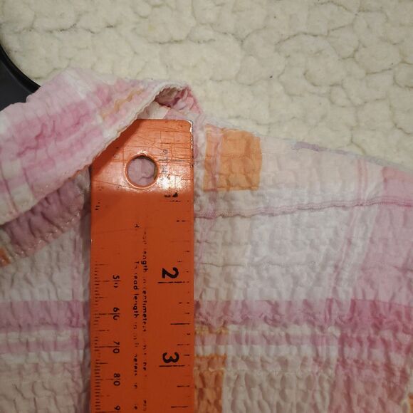 Rebecca Malone Pink Seersucker Top Button Blouse Size 1X Roll Tab Sleeves - Picture 8 of 10
